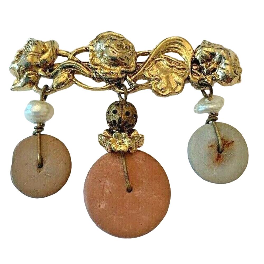Vintage 1980s Bar‎ Brooch Goldtone with Pendants 1.25" x 2.75"